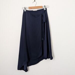 Les Heroines Paris navy blue satin crepe asymmetrical Maya wrap midi skirt